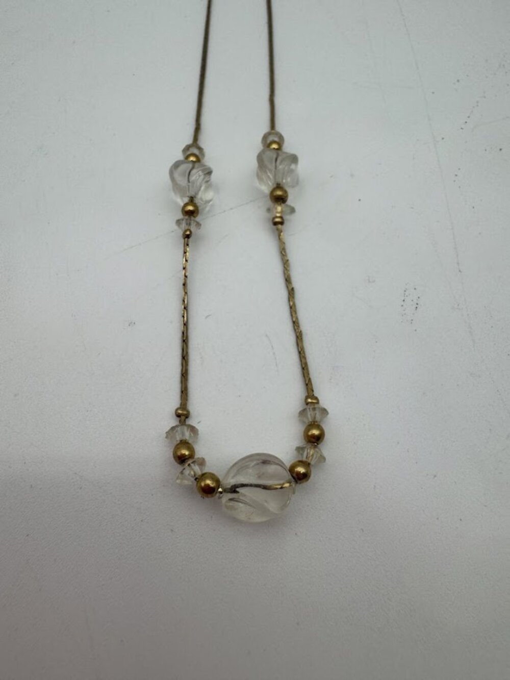 Vintage Korea Gold Tone Chain Necklace Carved Clear Glass Beads 17in